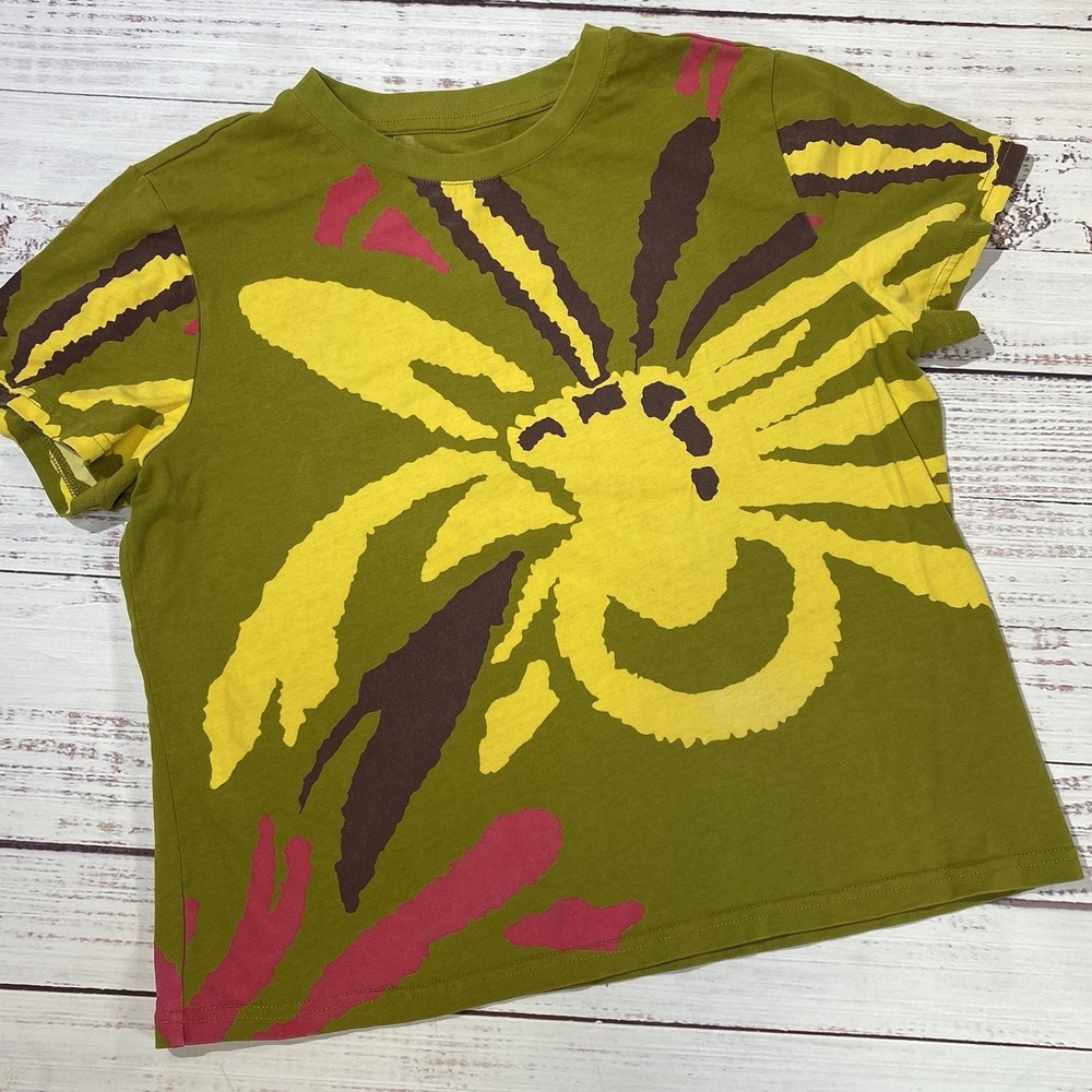 Alina Assi T-Shirt Womens Medium Green Yellow Abstract Graphic Short‎ Sleeve Tee